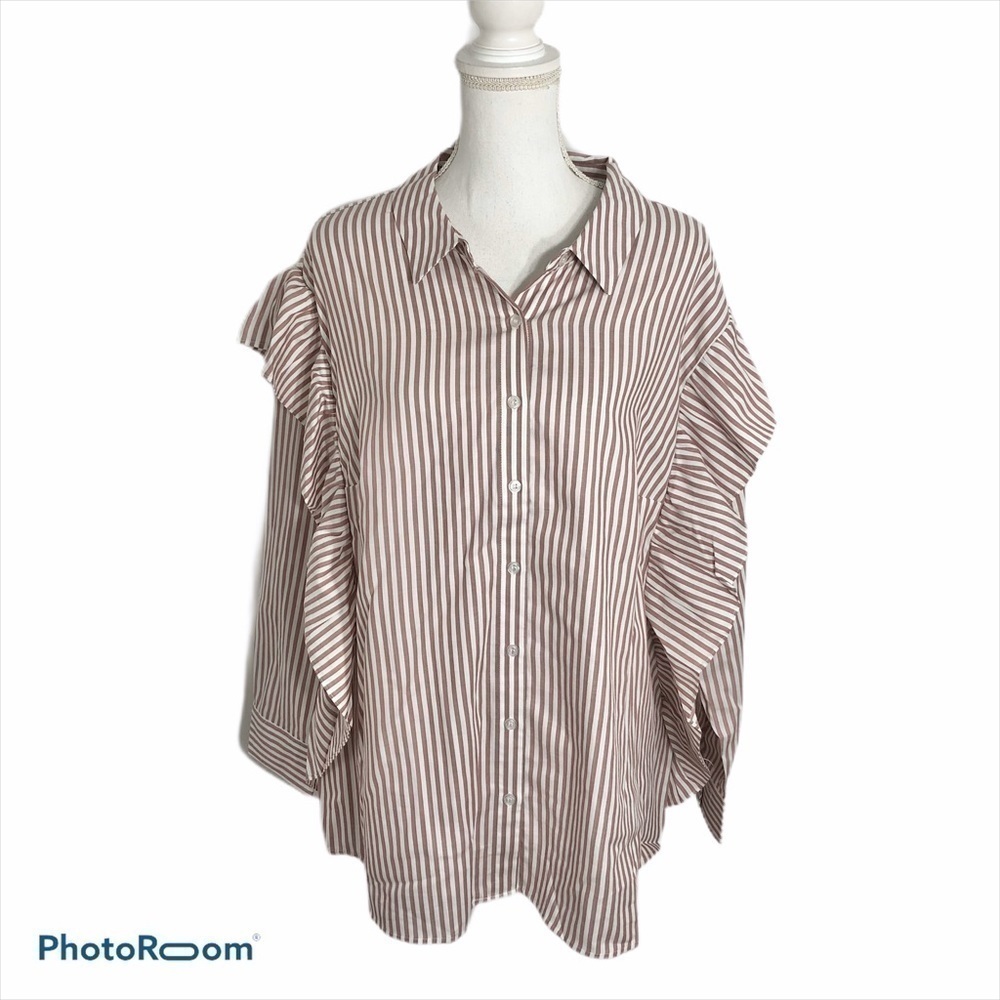 Daniel Rainn Striped Ruffle Button Down Blouse NWT 3X Pink